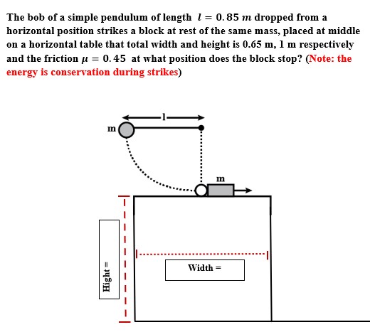 The bob of a simple pendulum of length l = 0.85 m dropped from a horizontal position strikes a block at rest of the same mass, placed at middle on a horizontal table that total width and height is 0.65 m, 1 m respectively and the friction μ = 0.45 at what position does the block stop? (Note: the energy is conservation during strikes)