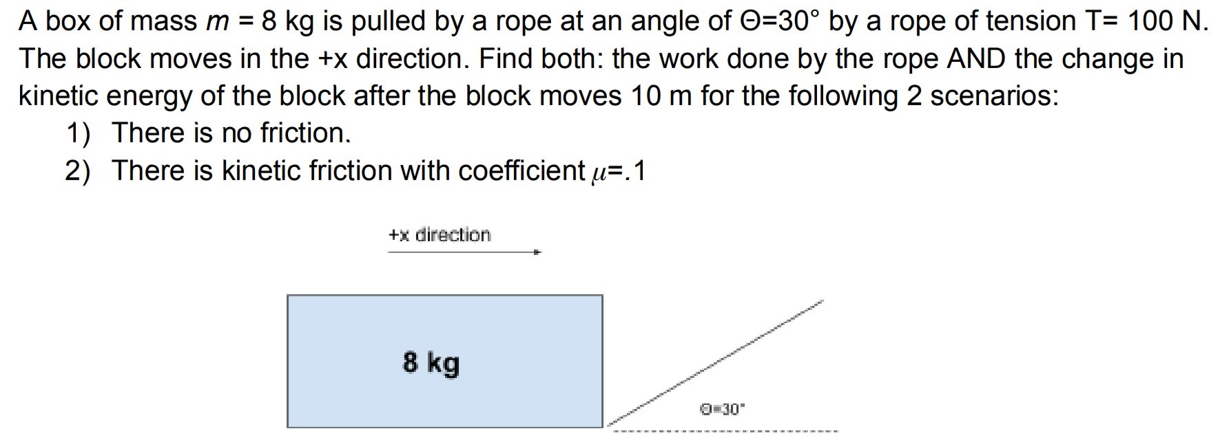 A box of mass m = 8 kg is pulled by a rope at an angle of Θ = 30∘ by a rope of tension T = 100 N. The block moves in the +x direction. Find both: the work done by the rope AND the change in kinetic energy of the block after the block moves 10 m for the following 2 scenarios: There is no friction. There is kinetic friction with coefficient μ = . 1