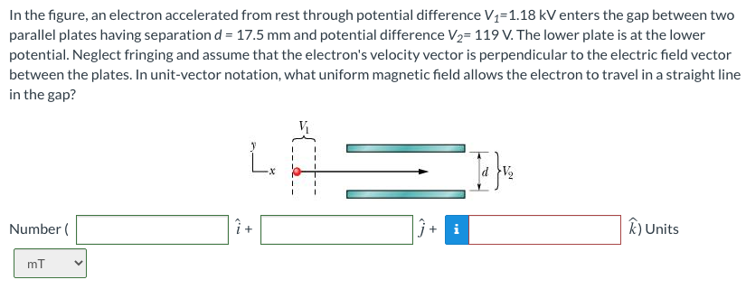 In the figure, an electron accelerated from rest through potential difference V1 = 1.18 kV enters the gap between two parallel plates having separation d = 17.5 mm and potential difference V2 = 119 V. The lower plate is at the lower potential. Neglect fringing and assume that the electron's velocity vector is perpendicular to the electric field vector between the plates. In unit-vector notation, what uniform magnetic field allows the electron to travel in a straight line in the gap?