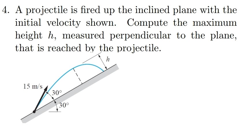 A projectile is fired up the inclined plane with the initial velocity shown. Compute the maximum height h, measured perpendicular to the plane, that is reached by the projectile.