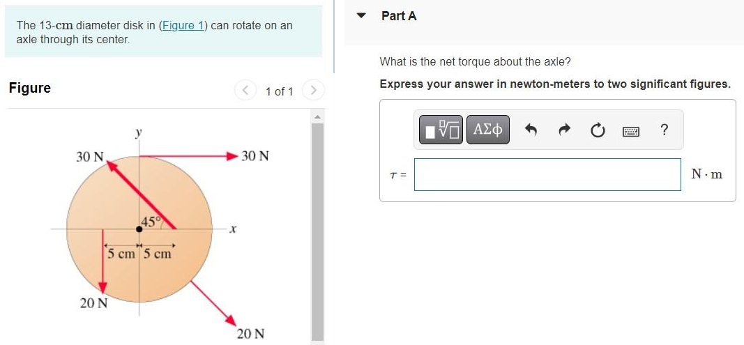 The 13-cm diameter disk in (Figure 1) can rotate on an axle through its center. Figure Part A What is the net torque about the axle? Express your answer in newton-meters to two significant figures. τ = N⋅m