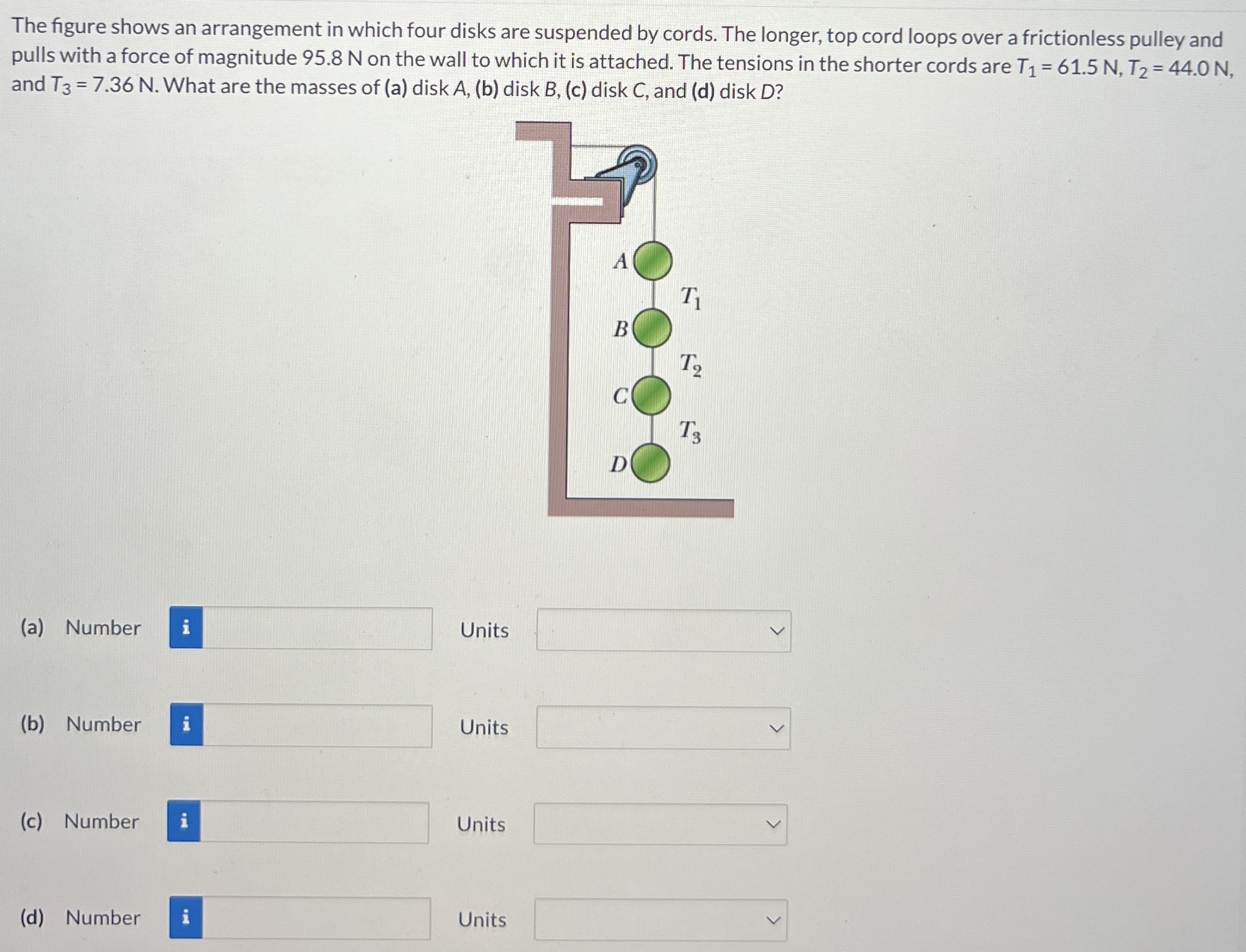 The figure shows an arrangement in which four disks are suspended by cords. The longer, top cord loops over a frictionless pulley and pulls with a force of magnitude 95.8 N on the wall to which it is attached. The tensions in the shorter cords are T1 = 61.5 N, T2 = 44.0 N, and T3 = 7.36 N. What are the masses of (a) disk A, (b) disk B, (c) disk C, and (d) disk D? (a) Number Units (b) Number Units (c) Number Units (d) Number Units