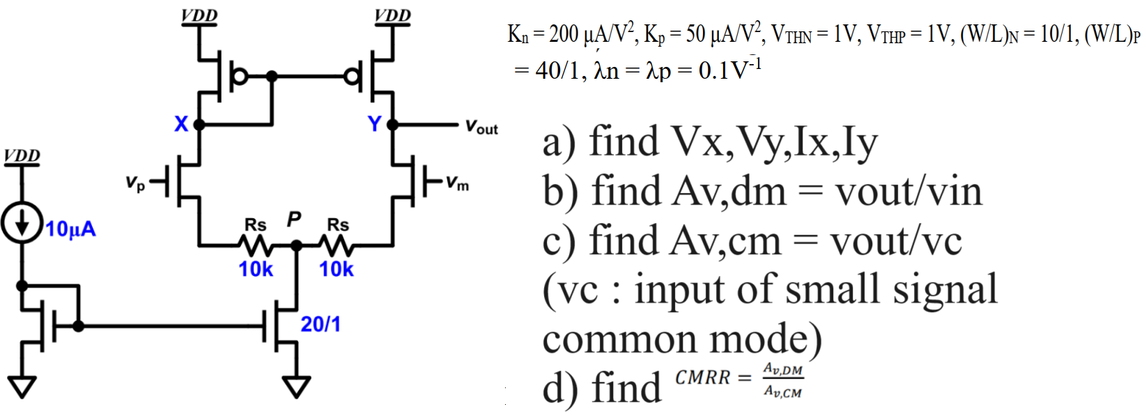 Kn = 200 µA/V2 , Kp = 50 µA/V2, VTHN = 1 V, VTHP = 1 V, (W/L)N = 10/1, (W/L)P = 40/1, λn = λp = 0.1 V-1 a) find Vx, Vy, Ix, Iy b) find Av,dm = vout/vin c) find Av,cm = vout/vc (vc : input of small signal common mode) d) find CMRR = Av,DM/Av,CM