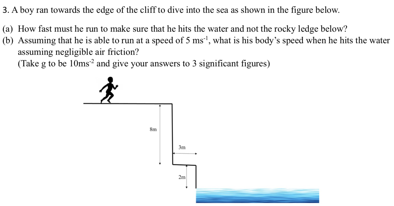 A boy ran towards the edge of the cliff to dive into the sea as shown in the figure below. (a) How fast must he run to make sure that he hits the water and not the rocky ledge below? (b) Assuming that he is able to run at a speed of 5 ms−1, what is his body's speed when he hits the water assuming negligible air friction? (Take g to be 10 ms−2 and give your answers to 3 significant figures)