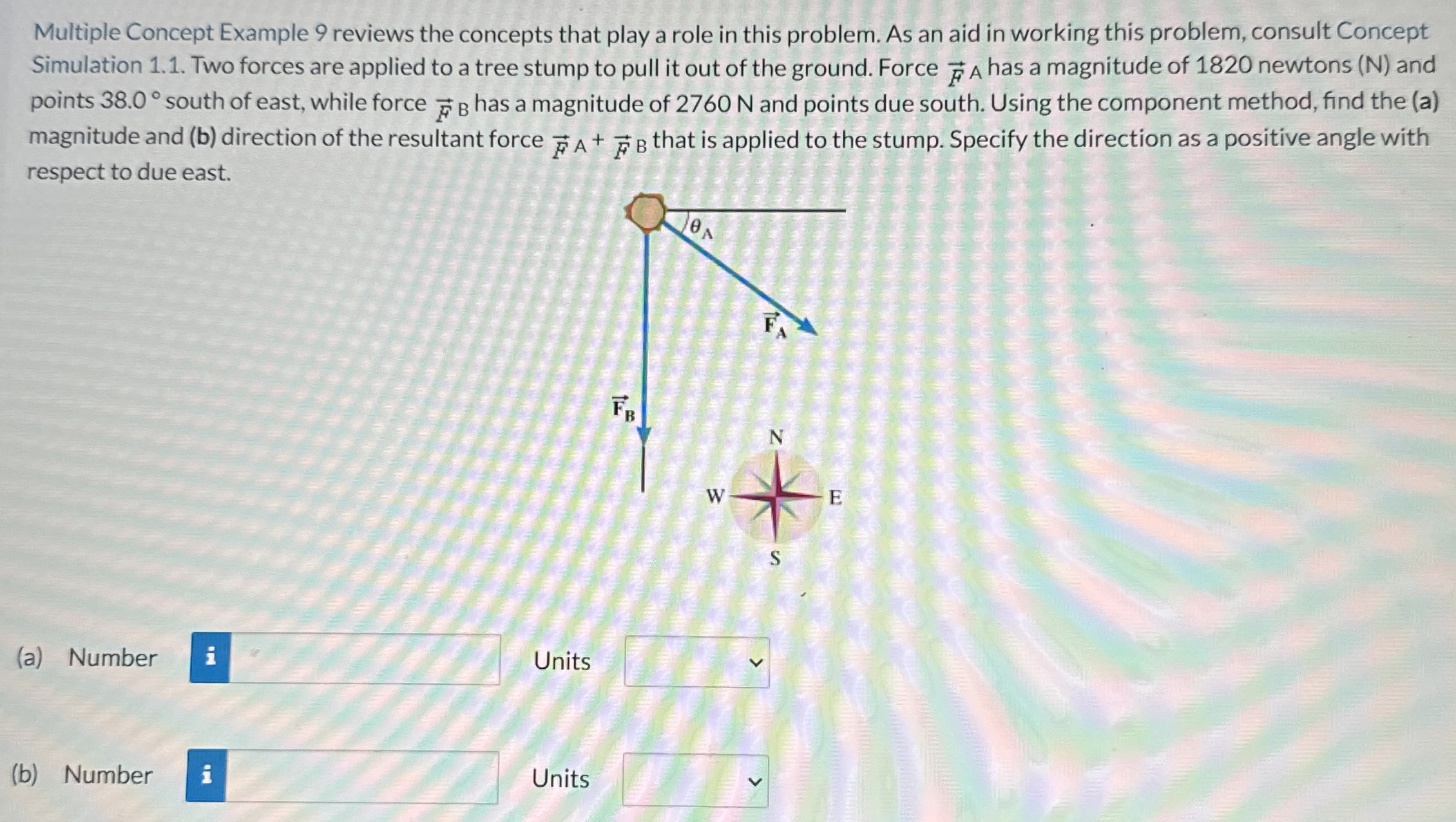 Multiple Concept Example 9 reviews the concepts that play a role in this problem. As an aid in working this problem, consult Concept Simulation 1.1. Two forces are applied to a tree stump to pull it out of the ground. Force F→ A has a magnitude of 1820 newtons (N) and points 38.0∘ south of east, while force F→ B has a magnitude of 2760 N and points due south. Using the component method, find the (a) magnitude and (b) direction of the resultant force F→A + F→ B that is applied to the stump. Specify the direction as a positive angle with respect to due east. (a) Number Units (b) Number Units