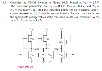 16.31 Consider the CMOS inverter in Figure 16.21 biased at VDD = 2.5 V. The transistor parameters are VTN = 0.4 V, VTP = −0.4 V, and Kn = Kp = 100 μA/V2. (a) Find the transition points for the p-channel and n-channel transistors. (b) Sketch the voltage transfer characteristics, including the appropriate voltage values at the transition points. (c) Determine vO for vI = 1.1 V and vI = 1.4 V. Figure P16.21