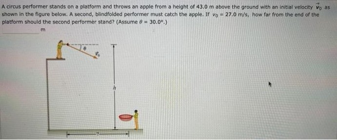 A circus performer stands on a platform and throws an apple from a height of 43.0 m above the ground with an initial velocity v0→ as shown in the figure below. A second, blindfolded performer must catch the apple. If v0 = 27.0 m/s, how far from the end of the platform should the second performer stand? (Assume θ = 30.0∘.) m