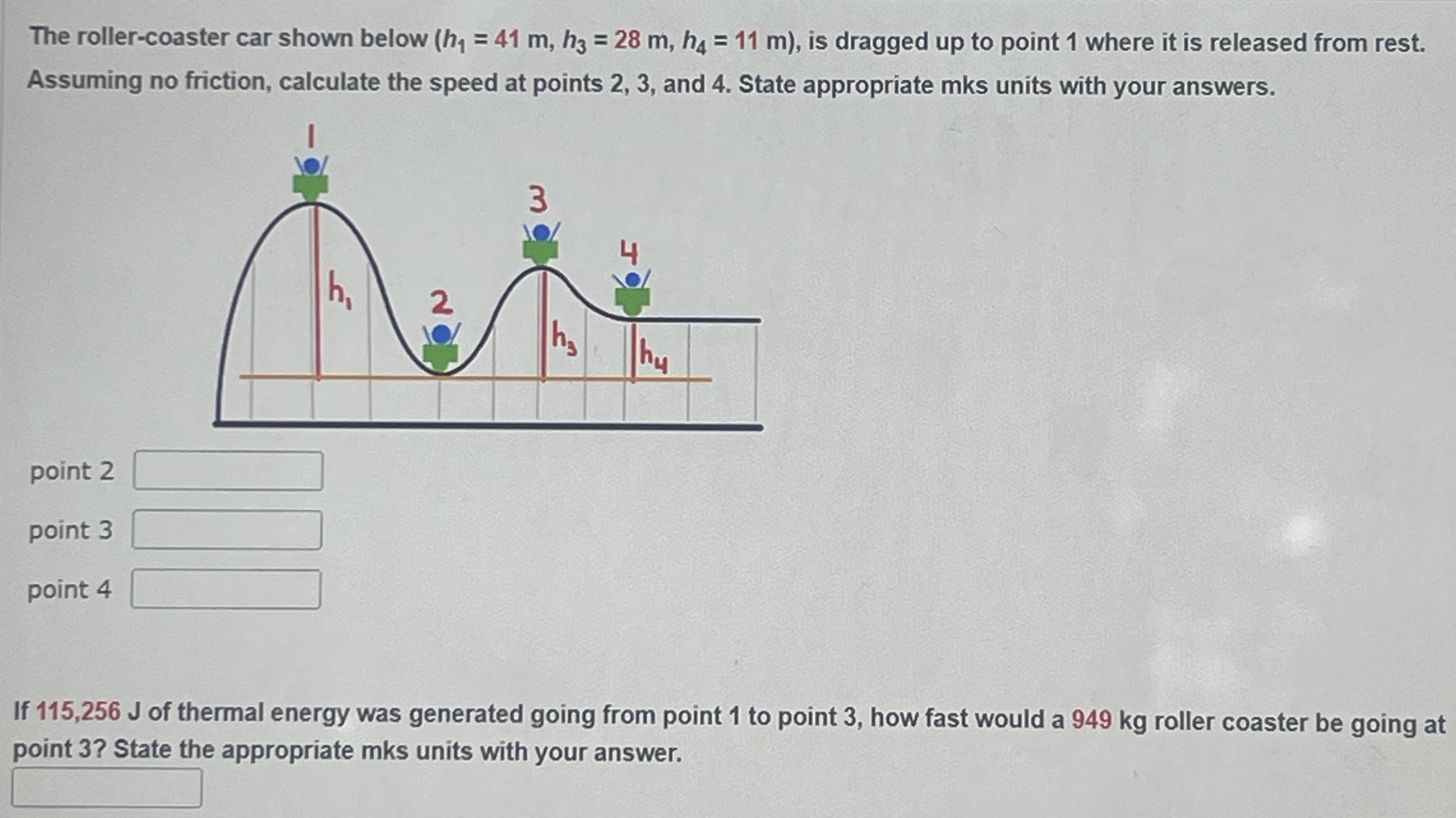 The roller-coaster car shown below ( h1 = 41 m, h3 = 28 m, h4 = 11 m), is dragged up to point 1 where it is released from rest. Assuming no friction, calculate the speed at points 2, 3, and 4. State appropriate mks units with your answers. point 2 point 3 point 4 If 115,256 J of thermal energy was generated going from point 1 to point 3 , how fast would a 949 kg roller coaster be going at point 3 ? State the appropriate mks units with your answer.