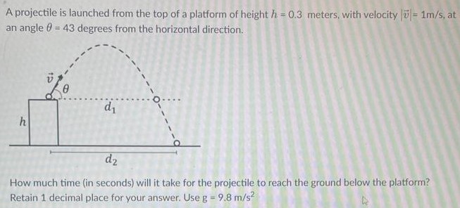 A projectile is launched from the top of a platform of height h = 0.3 meters, with velocity |v→| = 1 m/s, at an angle θ = 43 degrees from the horizontal direction. How much time (in seconds) will it take for the projectile to reach the ground below the platform? Retain 1 decimal place for your answer. Use g = 9.8 m/s2