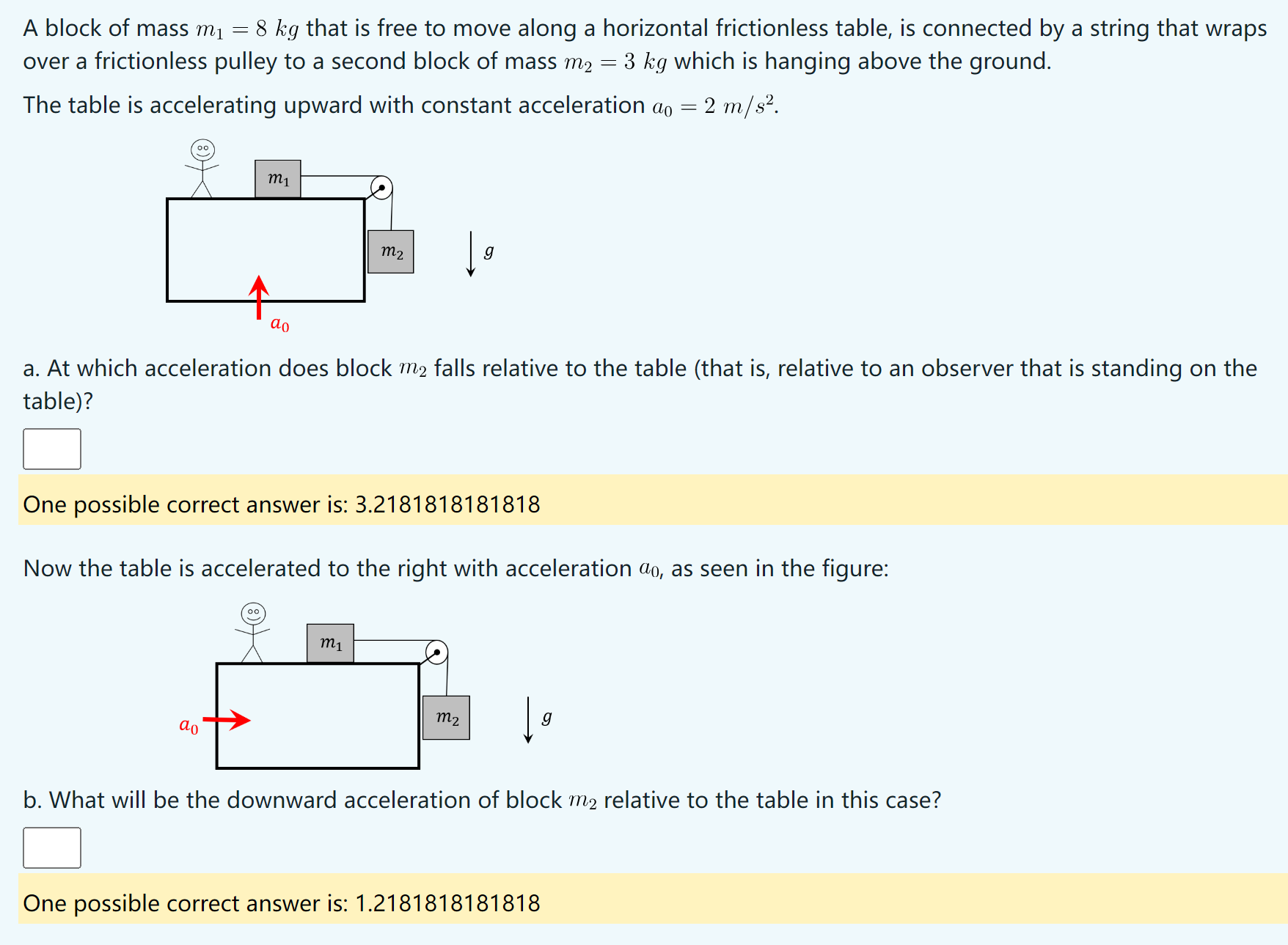 A block of mass m1 = 8 kg that is free to move along a horizontal frictionless table, is connected by a string that wraps over a frictionless pulley to a second block of mass m2 = 3 kg which is hanging above the ground. The table is accelerating upward with constant acceleration a0 = 2 m/s2. a. At which acceleration does block m2 falls relative to the table (that is, relative to an observer that is standing on the table)? One possible correct answer is: 3.2181818181818 Now the table is accelerated to the right with acceleration a0, as seen in the figure: b. What will be the downward acceleration of block m2 relative to the table in this case? One possible correct answer is: 1.2181818181818