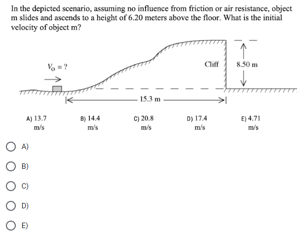 In the depicted scenario, assuming no influence from friction or air resistance, object m slides and ascends to a height of 6.20 meters above the floor. What is the initial velocity of object m? A) 13.7 B) 14.4 C) 20.8 D) 17.4 E) 4.71 m/s