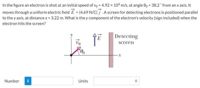 In the figure an electron is shot at an initial speed of v0 = 4.92×106 m/s, at angle θ0 = 38.2∘ from an x axis. It moves through a uniform electric field E→ = (4.69 N/C)j→. A screen for detecting electrons is positioned parallel to the y axis, at distance x = 3.22 m. What is the y component of the electron's velocity (sign included) when the electron hits the screen? Number Units