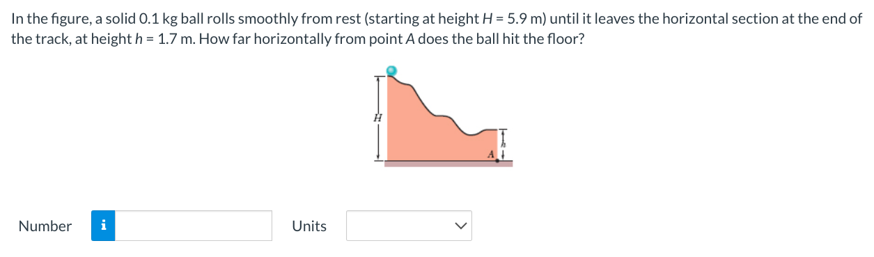 In the figure, a solid 0.1 kg ball rolls smoothly from rest (starting at height H = 5.9 m) until it leaves the horizontal section at the end of the track, at height h = 1.7 m. How far horizontally from point A does the ball hit the floor? Number Units