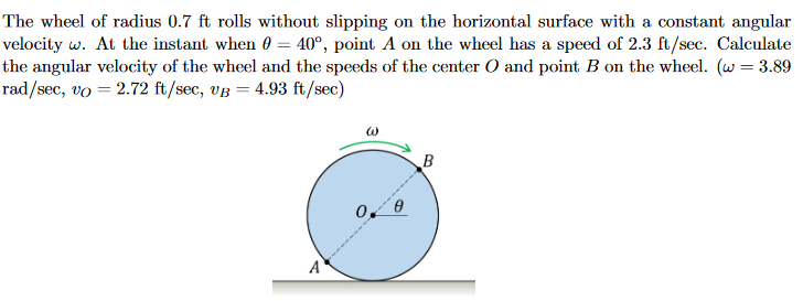 The wheel of radius 0.7 ft rolls without slipping on the horizontal surface with a constant angular velocity ω. At the instant when θ = 40∘, point A on the wheel has a speed of 2.3 ft/sec. Calculate the angular velocity of the wheel and the speeds of the center O and point B on the wheel. (ω = 3.89 rad/sec, vO = 2.72 ft/sec, vB = 4.93 ft/sec)