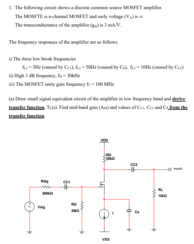 The following circuit shows a discrete common source MOSFET amplifier. The MOSFTE is n-channel MOSFET and early voltage (VA) is ∞. The transconductance of the amplifier (gmm) is 3 mA/V. The frequency responses of the amplifier are as follows. i) The three low break frequencies fL1 = 3 Hz (caused by CC1 ), fL2 = 50 Hz (caused by CS ), fL3 = 10 Hz (caused by CC2 ) ii) High 3 dB frequency, fH = 30 kHz iii) The MOSFET unity gain frequency fT = 100 MHz (a) Draw small signal equivalent circuit of the amplifier in low frequency band and derive transfer function, TL(s). Find mid-band gain (AM) and values of CC1, CC2 and Cs from the transfer function. 