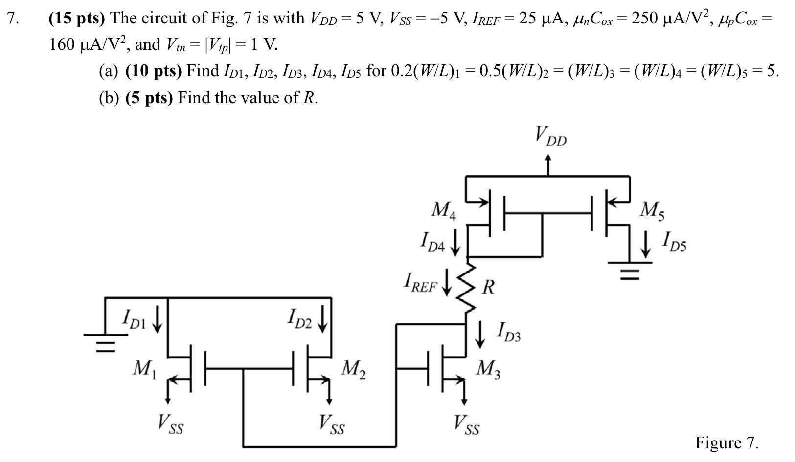 (15 pts) The circuit of Fig. 7 is with VDD = 5 V, VSS = −5 V, IREF = 25 μA, μnCox = 250 μA/V2, μpCox = 160 μA/V2, and Vtn = |Vtp| = 1 V. (a) (10 pts) Find ID1, ID2, ID3, ID4, ID5 for 0.2(W/L)1 = 0.5(W/L)2 = (W/L)3 = (W/L)4 = (W/L)5 = 5. (b) (5 pts) Find the value of R. Figure 7. 