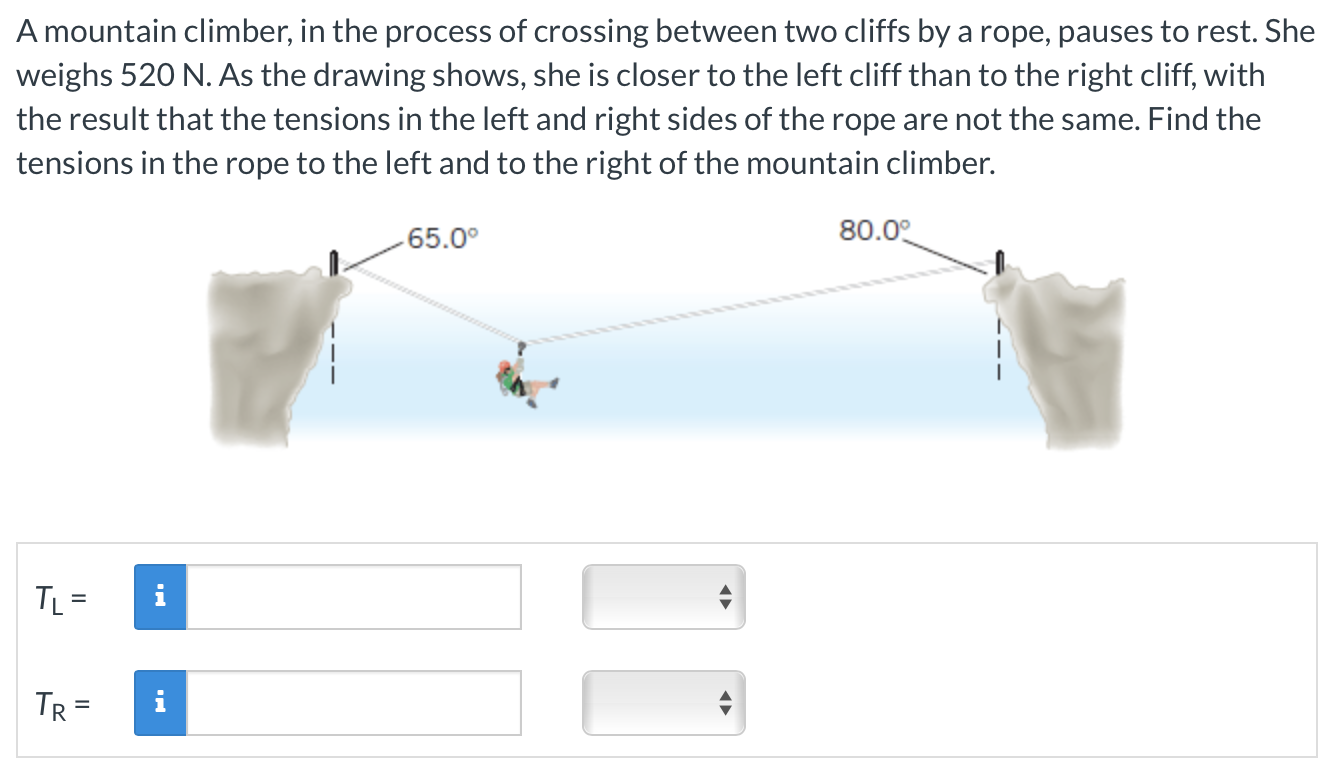 A mountain climber, in the process of crossing between two cliffs by a rope, pauses to rest. She weighs 520 N. As the drawing shows, she is closer to the left cliff than to the right cliff, with the result that the tensions in the left and right sides of the rope are not the same. Find the tensions in the rope to the left and to the right of the mountain climber. TL = TR =