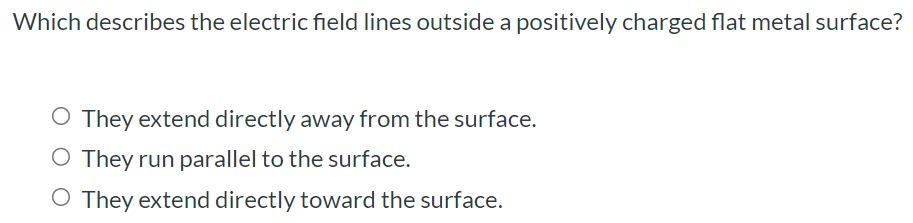 Which describes the electric field lines outside a positively charged flat metal surface? They extend directly away from the surface. They run parallel to the surface. They extend directly toward the surface.