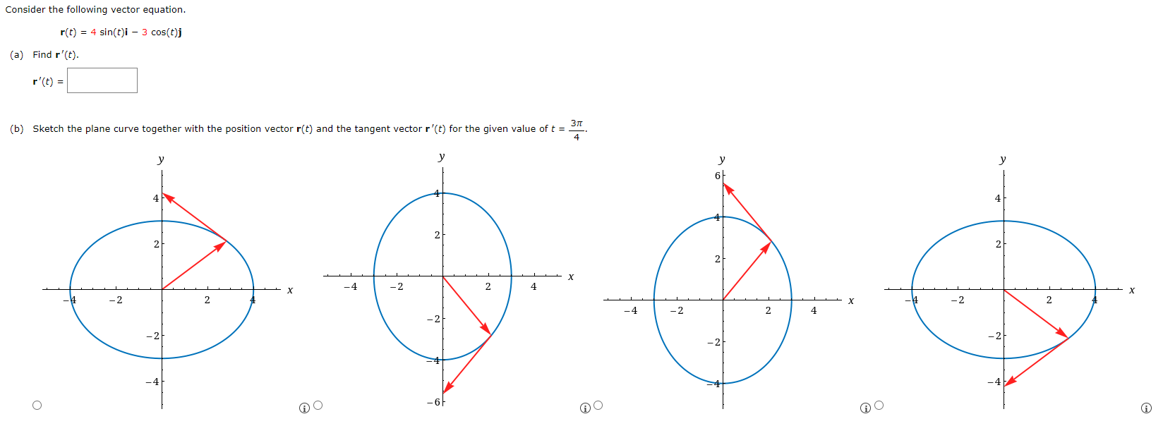 Consider the following vector equation. r(t) = 4sin⁡(t)i − 3cos⁡(t)j (a) Find r′(t). r′(t) = (b) Sketch the plane curve together with the position vector r(t) and the tangent vector r′(t) for the given value of t = 3π/4.