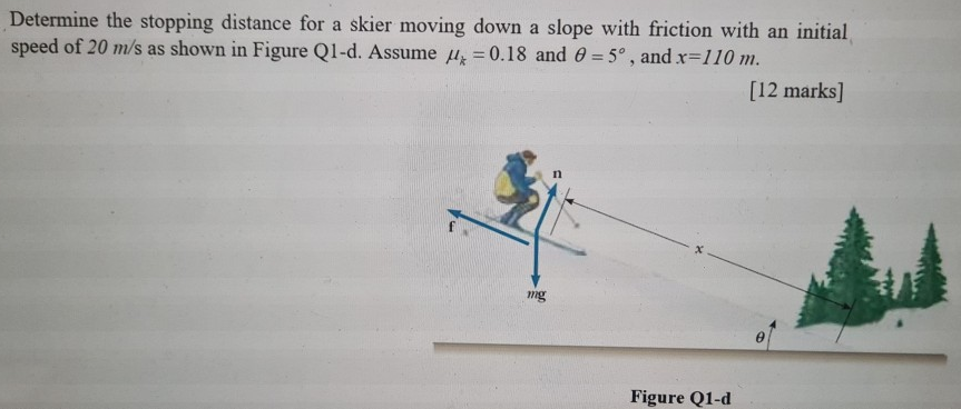 Determine the stopping distance for a skier moving down a slope with friction with an initial speed of 20 m/s as shown in Figure Q1-d. Assume μk = 0.18 and θ = 5∘, and x = 110 m. [12 marks]