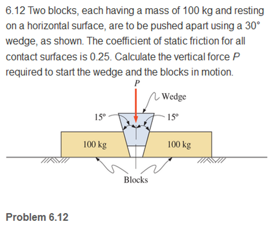 6.12 Two blocks, each having a mass of 100 kg and resting on a horizontal surface, are to be pushed apart using a 30∘ wedge, as shown. The coefficient of static friction for all contact surfaces is 0.25 . Calculate the vertical force P required to start the wedge and the blocks in motion. Problem 6.12