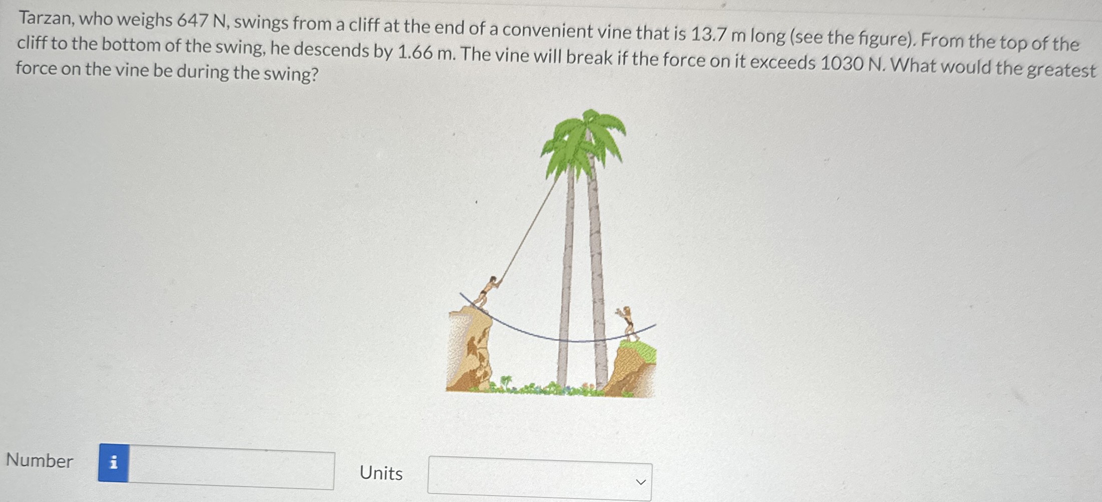 Tarzan, who weighs 647 N, swings from a cliff at the end of a convenient vine that is 13.7 m long (see the figure). From the top of the cliff to the bottom of the swing, he descends by 1.66 m. The vine will break if the force on it exceeds 1030 N. What would the greatest force on the vine be during the swing? Number Units