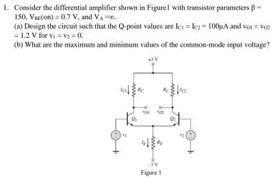 Consider the differential amplifier shown in Figure1 with transistor parameters β = 150, VBE(on) = 0.7 V, and VA = ∞. (a) Design the circuit such that the Q-point values are IC1 = IC2 = 100 μA and vo1 = vo2 = 1.2 V for v1 = v2 = 0. (b) What are the maximum and minimum values of the common-mode input voltage? Figure 1