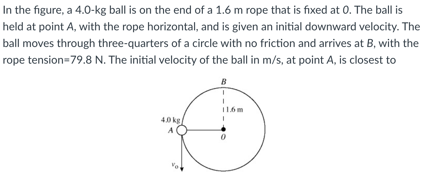 In the figure, a 4.0−kg ball is on the end of a 1.6 m rope that is fixed at 0. The ball is held at point A, with the rope horizontal, and is given an initial downward velocity. The ball moves through three-quarters of a circle with no friction and arrives at B, with the rope tension = 79.8 N. The initial velocity of the ball in m/s, at point A, is closest to