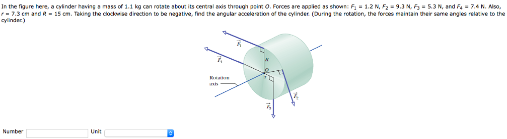 In the figure here, a cylinder having a mass of 1.1 kg can rotate about its central axis through point O. Forces are applied as shown: F1 = 1.2 N, F2 = 9.3 N, F3 = 5.3 N, and F4 = 7.4 N. Also, r = 7.3 cm and R = 15 cm. Taking the clockwise direction to be negative, find the angular acceleration of the cylinder. (During the rotation, the forces maintain their same angles relative to the cylinder.) Number Unit