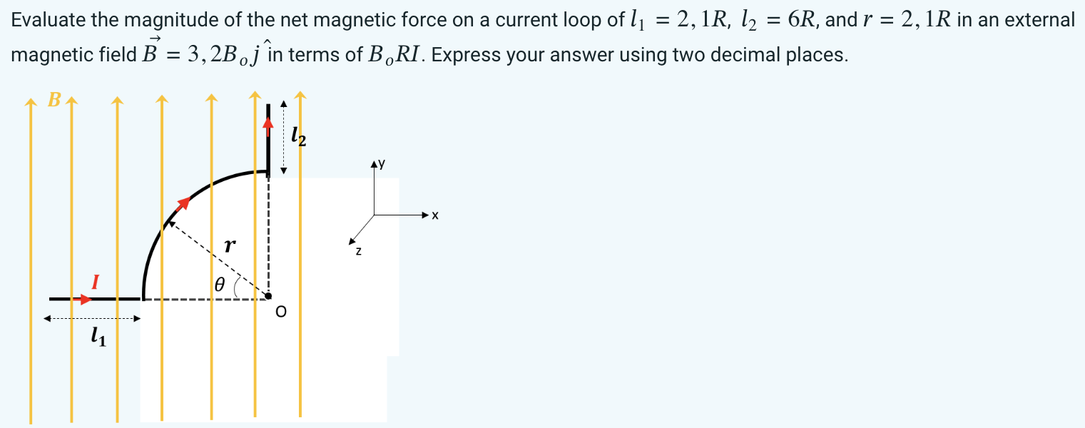 Evaluate the magnitude of the net magnetic force on a current loop of l1 = 2, 1R, l2 = 6R, and r = 2, 1R in an external magnetic field B→ = 3, 2Boj in terms of BoRI. Express your answer using two decimal places.