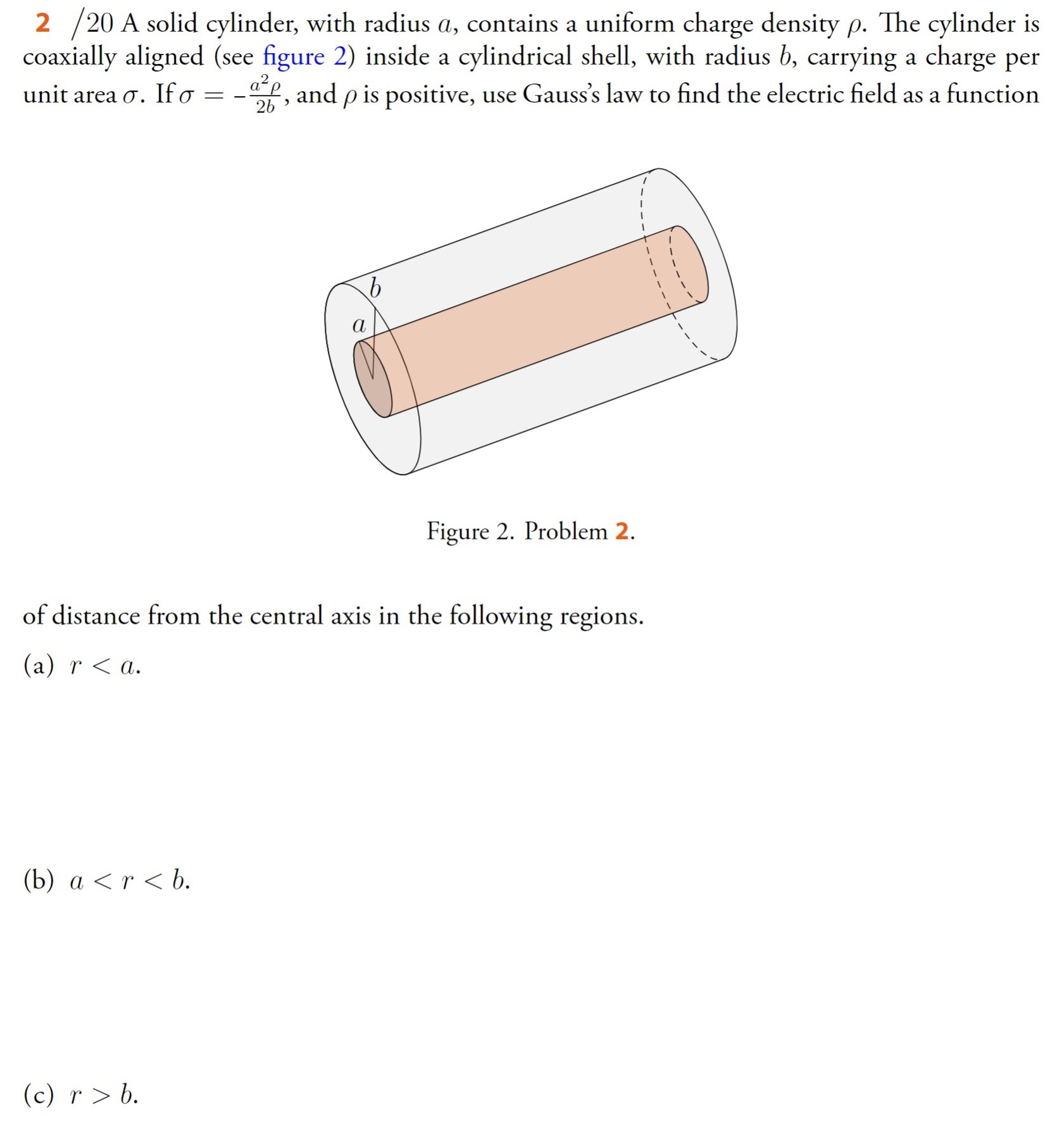 A solid cylinder, with radius a, contains a uniform charge density ρ. The cylinder is coaxially aligned (see figure 2) inside a cylindrical shell, with radius b, carrying a charge per unit area σ. If σ = −a2ρ/2b, and ρ is positive, use Gauss's law to find the electric field as a function Figure 2. Problem 2. of distance from the central axis in the following regions. (a) r < a (b) a < r < b (c) r > b. 