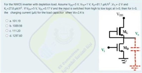 For the NMOS inverter with depletion load. Assume VDD = 5 V, VTD = 1 V, KD = 81.1 μA/V2, VTL = −2 V and KL = 27.8 μA/V2. If VOH = 5 V, VOL = 0.17 V and the input is switched from high to low logic at t = 0, then for t > 0, the charging current (μA) for the load capacitor when Vo = 2.4 is a. 101.19 b. 1089.98 c. 111.20 d. 1297.60 