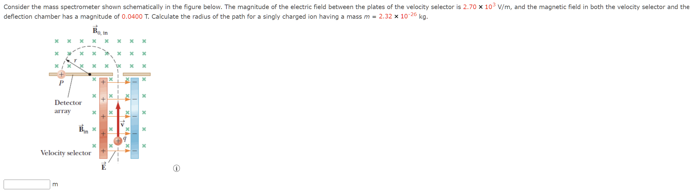 Consider the mass spectrometer shown schematically in the figure below. The magnitude of the electric field between the plates of the velocity selector is 2.70×10 3 V/m, and the magnetic field in both the velocity selector and the deflection chamber has a magnitude of 0.0400 T. Calculate the radius of the path for a singly charged ion having a mass m = 2.32×10−26 kg.