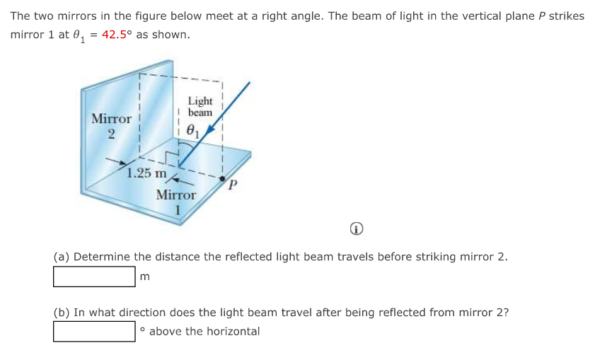 The two mirrors in the figure below meet at a right angle. The beam of light in the vertical plane P strikes mirror 1 at θ1 = 42.5∘ as shown. (a) Determine the distance the reflected light beam travels before striking mirror 2. m (b) In what direction does the light beam travel after being reflected from mirror 2? ∘ above the horizontal