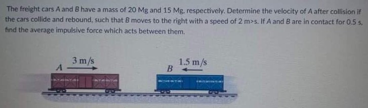 The freight cars A and B have a mass of 20 Mg and 15 Mg, respectively. Determine the velocity of A after collision if the cars collide and rebound, such that B moves to the right with a speed of 2 m>s. If A and B are in contact for 0.5 s, find the average impulsive force which acts between them. 