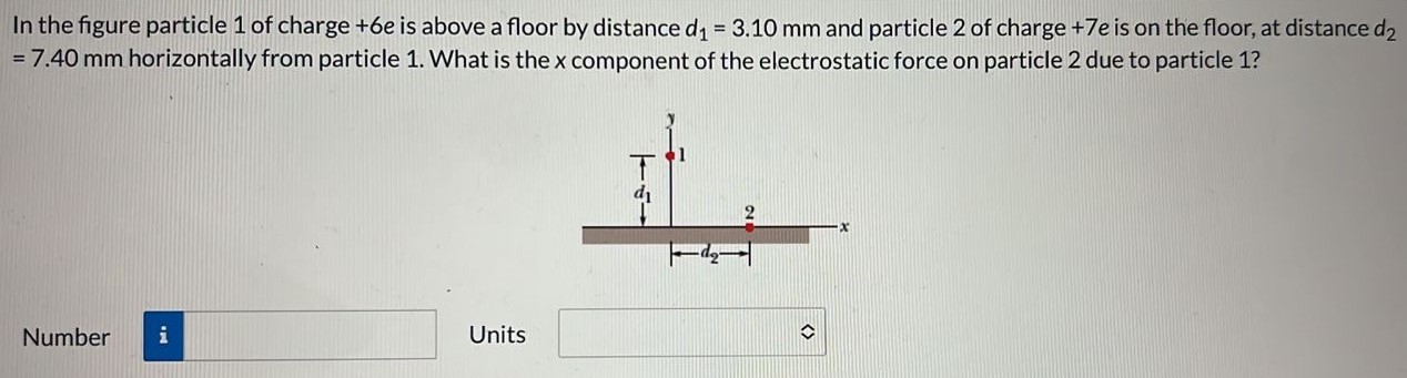 In the figure particle 1 of charge +6e is above a floor by distance d1 = 3.10 mm and particle 2 of charge +7e is on the floor, at distance d2 = 7.40 mm horizontally from particle 1. What is the x component of the electrostatic force on particle 2 due to particle 1? Number Units