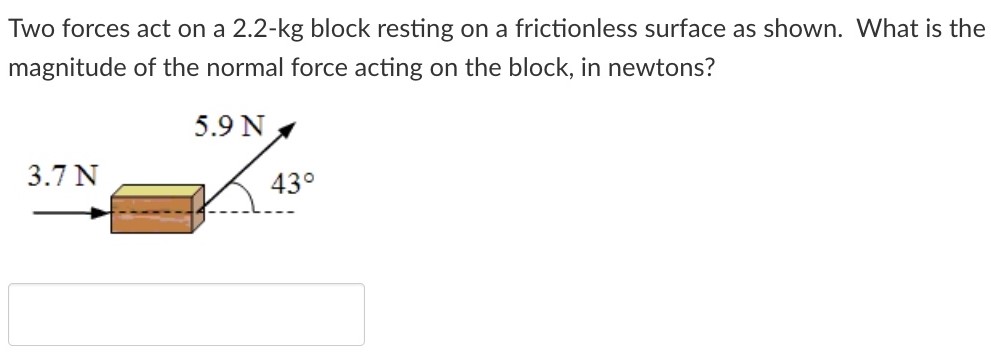 Two forces act on a 2.2−kg block resting on a frictionless surface as shown. What is the magnitude of the normal force acting on the block, in newtons?