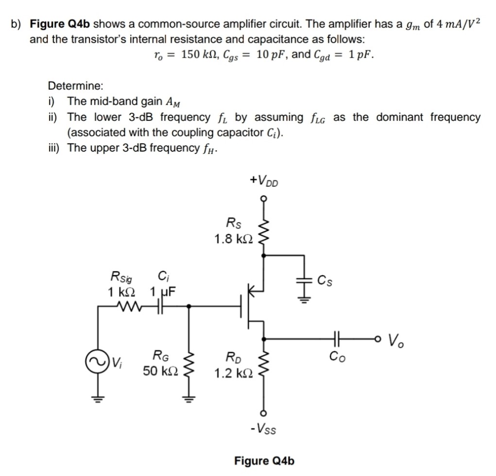 b) Figure Q4 b shows a common-source amplifier circuit. The amplifier has a gm of 4 mA/V2 and the transistor's internal resistance and capacitance as follows: ro = 150 kΩ, Cgs = 10 pF, and Cgd = 1 pF. Determine: i) The mid-band gain AM ii) The lower 3-dB frequency fL by assuming fLG as the dominant frequency (associated with the coupling capacitor Ci ). iii) The upper 3-dB frequency fH. Figure Q4 b 