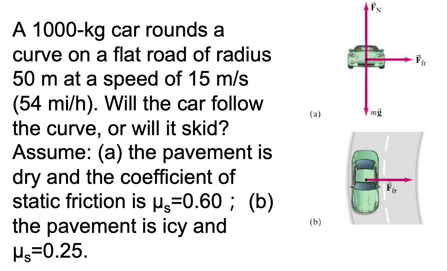 A 1000-kg car rounds a curve on a flat road of radius 50 m at a speed of 15 m/s (54 mi/h). Will the car follow the curve, or will it skid? Assume: (a) the pavement is dry and the coefficient of static friction is μs = 0.60; (b) the pavement is icy and (a) μs = 0.25