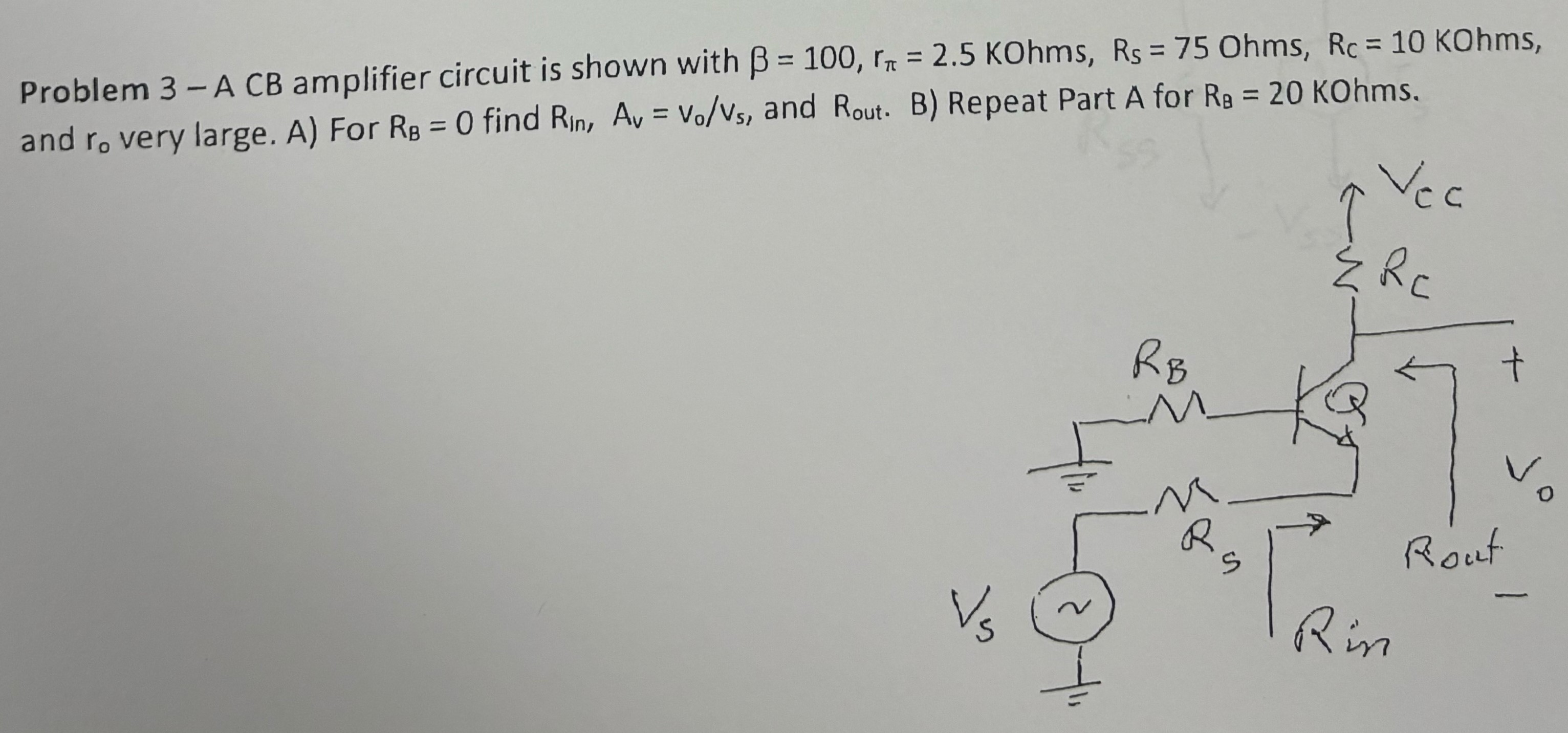 Problem 3 - A CB amplifier circuit is shown with β = 100, rπ = 2.5 KOhms, RS = 75 Ohms, RC = 10 KOhms, and r0 very large. A) For RB = 0 find Rin, Av = vo/vs, and Rout. B) Repeat Part A for RB = 20 KOhms.