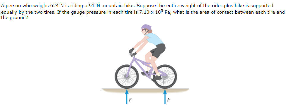 A person who weighs 624 N is riding a 91−N mountain bike. Suppose the entire weight of the rider plus bike is supported equally by the two tires. If the gauge pressure in each tire is 7.10×105 Pa, what is the area of contact between each tire and the ground?