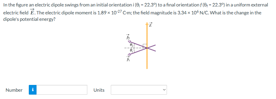 In the figure an electric dipole swings from an initial orientation i(θi = 22.3∘) to a final orientation f(θf = 22.3∘) in a uniform external electric field E→. The electric dipole moment is 1.89×10−27 C⋅m; the field magnitude is 3.34×106 N/C. What is the change in the dipole's potential energy? Number Units