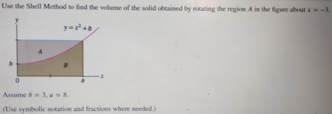 Use the Shell Method to find the volume of the solid obtained by rotating the region A in the figure about x = −3. Assume b = 3, a = 8. (Use symbolic notation and fractions where needed. ) 