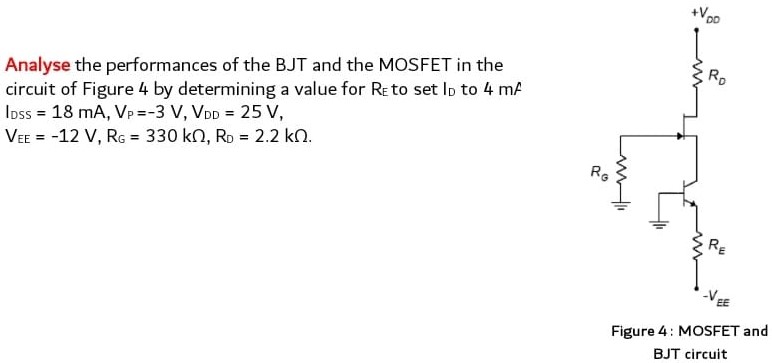 Analyse the performances of the BJT and the MOSFET in the circuit of Figure 4 by determining a value for RE to set ID to 4 mA IDSS = 18 mA, VP = −3 V, VDD = 25 V, VEE = −12 V, RG = 330 kΩ, RD = 2.2 kΩ. Figure 4: MOSFET and BJT circuit