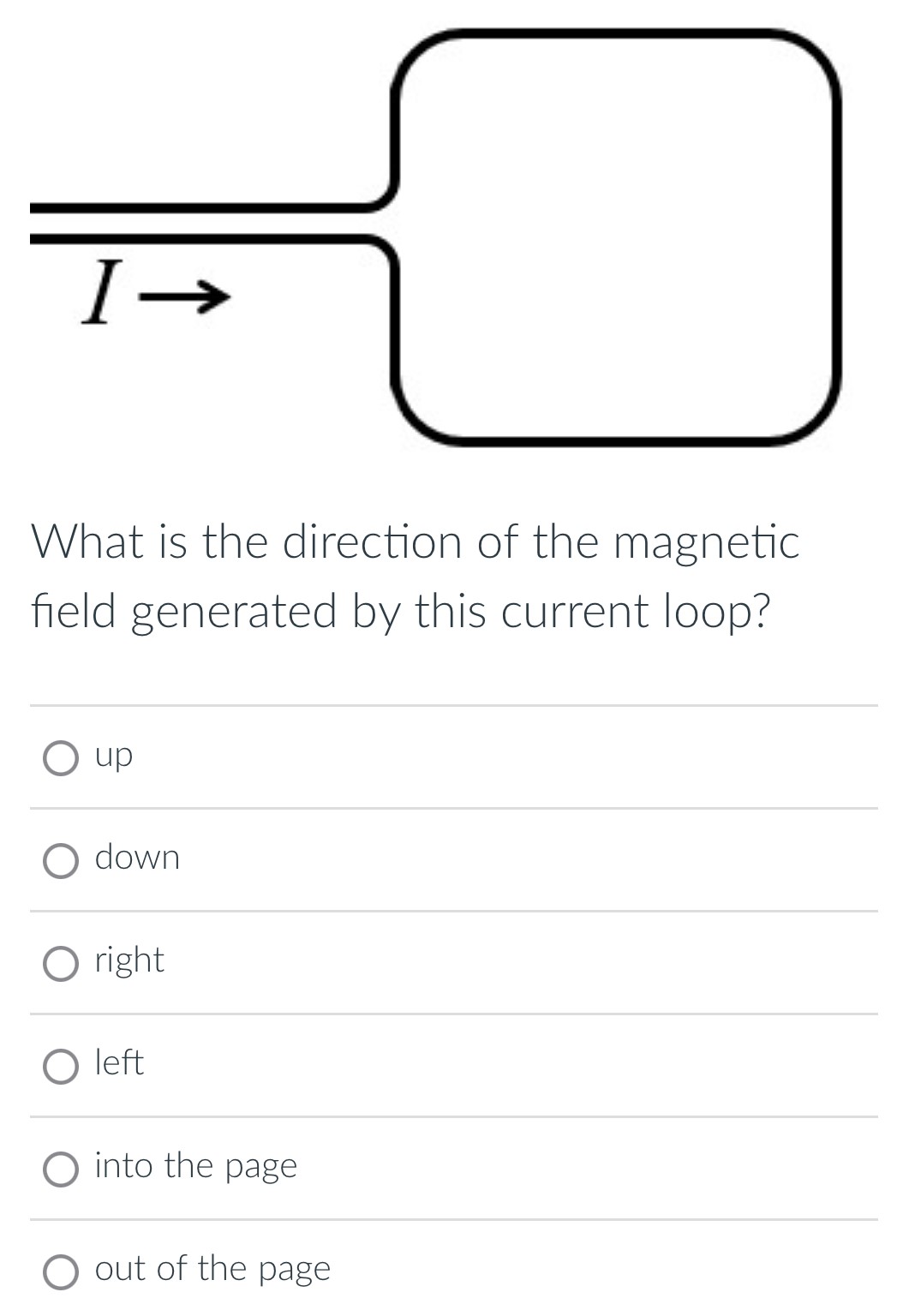 What is the direction of the magnetic field generated by this current loop? up down right left into the page out of the page