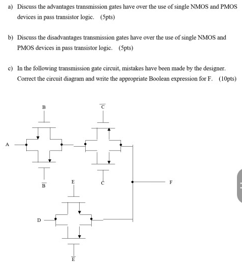 a) Discuss the advantages transmission gates have over the use of single NMOS and PMOS devices in pass transistor logic. ( 5 pts) b) Discuss the disadvantages transmission gates have over the use of single NMOS and PMOS devices in pass transistor logic. (5 pts) c) In the following transmission gate circuit, mistakes have been made by the designer. Correct the circuit diagram and write the appropriate Boolean expression for F. (10 pts) 