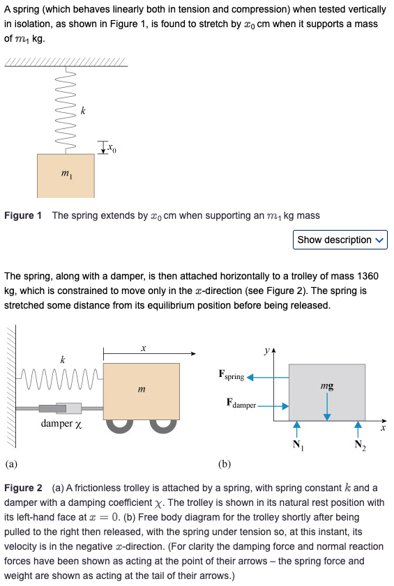 A spring (which behaves linearly both in tension and compression) when tested vertically in isolation, as shown in Figure 1, is found to stretch by x0 cm when it supports a mass of m1 kg. Figure 1 The spring extends by x0 cm when supporting an m1 kg mass The spring, along with a damper, is then attached horizontally to a trolley of mass 1360 kg, which is constrained to move only in the x-direction (see Figure 2). The spring is stretched some distance from its equilibrium position before being released. (a) (b) Figure 2 (a) A frictionless trolley is attached by a spring, with spring constant k and a damper with a damping coefficient χ. The trolley is shown in its natural rest position with its left-hand face at x = 0. (b) Free body diagram for the trolley shortly after being pulled to the right then released, with the spring under tension so, at this instant, its velocity is in the negative x-direction. (For clarity the damping force and normal reaction forces have been shown as acting at the point of their arrows - the spring force and weight are shown as acting at the tail of their arrows.)