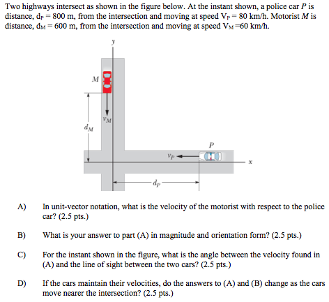 Two highways intersect as shown in the figure below. At the instant shown, a police car P is distance, dP = 800 m, from the intersection and moving at speed VP = 80 km/h. Motorist M is distance, dM = 600 m, from the intersection and moving at speed VM = 60 km/h. A) In unit-vector notation, what is the velocity of the motorist with respect to the police car? (2.5 pts.) B) What is your answer to part (A) in magnitude and orientation form? (2.5 pts.) C) For the instant shown in the figure, what is the angle between the velocity found in (A) and the line of sight between the two cars? (2.5 pts.) D) If the cars maintain their velocities, do the answers to (A) and (B) change as the cars move nearer the intersection? ( 2.5 pts.)