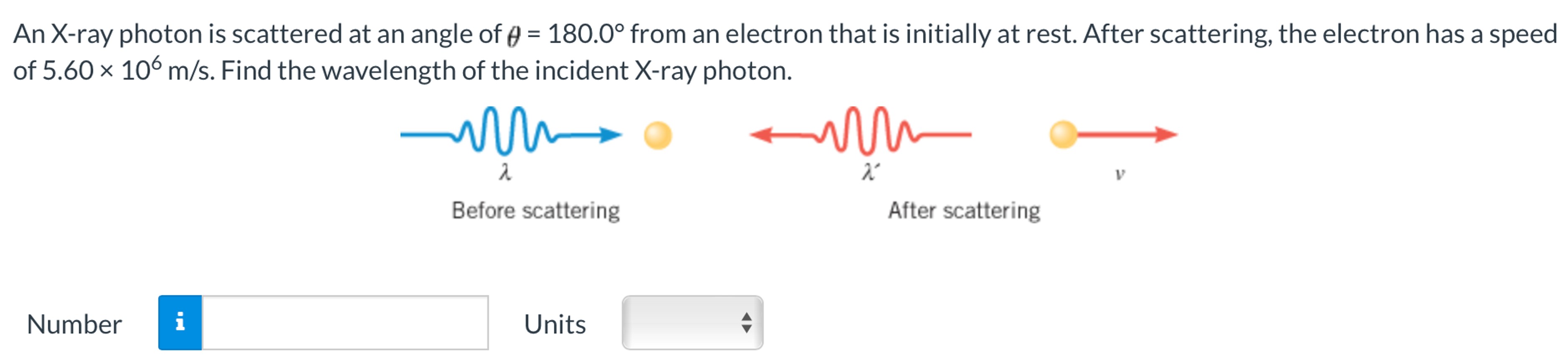 An X-ray photon is scattered at an angle of θ = 180.0∘ from an electron that is initially at rest. After scattering, the electron has a speed of 5.60×106 m/s. Find the wavelength of the incident X-ray photon.