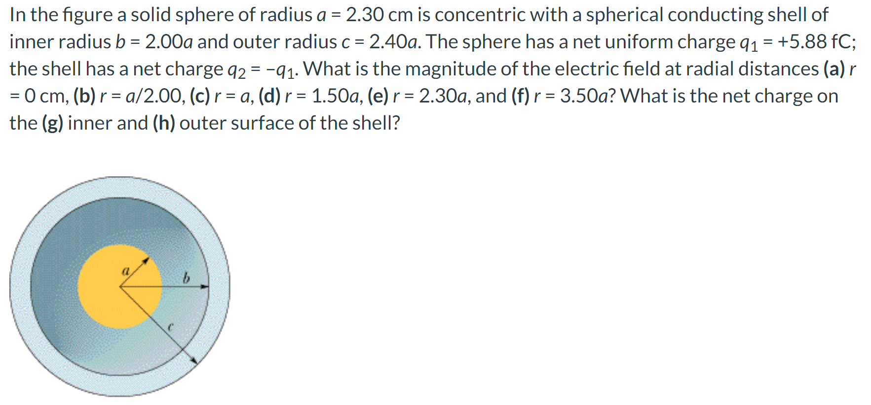 In the figure a solid sphere of radius a = 2.30 cm is concentric with a spherical conducting shell of inner radius b = 2.00a and outer radius c = 2.40a. The sphere has a net uniform charge q1 = +5.88 fC; the shell has a net charge q2 = −q1. What is the magnitude of the electric field at radial distances (a) r = 0 cm, (b) r = a/2.00, (c) r = a, (d) r = 1.50a, (e) r = 2.30a, and (f) r = 3.50a? What is the net charge on the (g) inner and (h) outer surface of the shell?